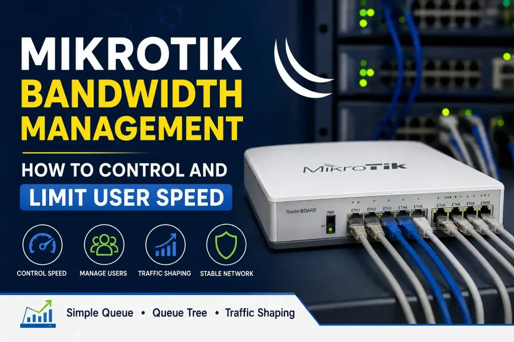 Mikrotik bandwidth management setup showing router configuration for simple queue mikrotik, queue tree mikrotik, and traffic shaping to control user speed