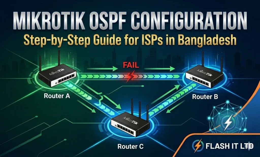 Master MikroTik OSPF configuration for ISPs in Bangladesh. Learn advanced routing, dynamic protocols, and ISP networking at Flash IT Ltd in Dhaka.