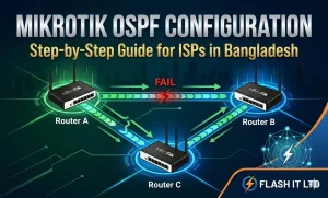 Master MikroTik OSPF configuration for ISPs in Bangladesh. Learn advanced routing, dynamic protocols, and ISP networking at Flash IT Ltd in Dhaka.