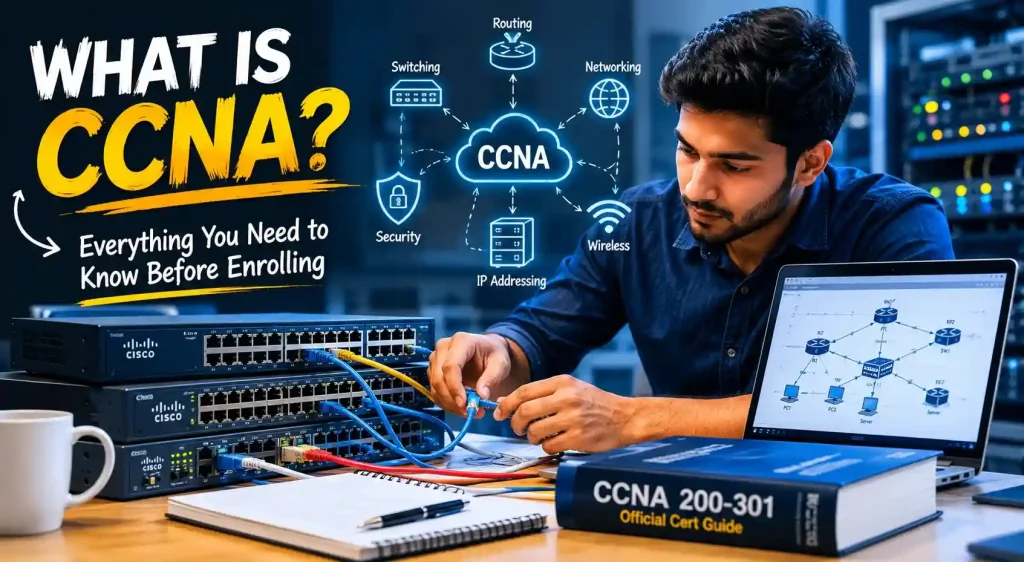 Young IT student practicing Cisco networking concepts on enterprise network equipment while preparing for CCNA certification in Dhaka, Bangladesh.